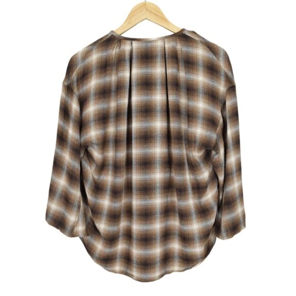 ZARA WOOL BROWN PLAID LONG SLEEVE 1/2 BUTTON UP TOP - Picture 6 of 8